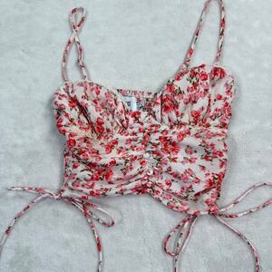 Princess Polly Floral Ruched Crop Top Pink Red Rose Smocked Back Size 2